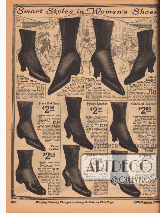 „Pfiffige Stile für Damenschuhe“ (engl. „Smart Styles in Women’s Shoes“).
Stiefel, Schnürstiefel und Stiefeletten aus wahlweise schwarzem oder „gunmetal“ (dunkelblaugrauem) Chevreauleder (Ziegenleder), „Vici“-Chevreauleder oder Lackleder. Die Oberteile (Schafte) sind größtenteils aus Stoff. Zwei Paare werden mit Knöpfen geschlossen anstatt geschnürt. Spitze Kappen sind modern. Unter den Stiefelmodellen können Schuhe mit geschwungenen Louis XIV Absätzen oder mit niedrigeren, breiten Militärabsätzen ausgewählt werden.
