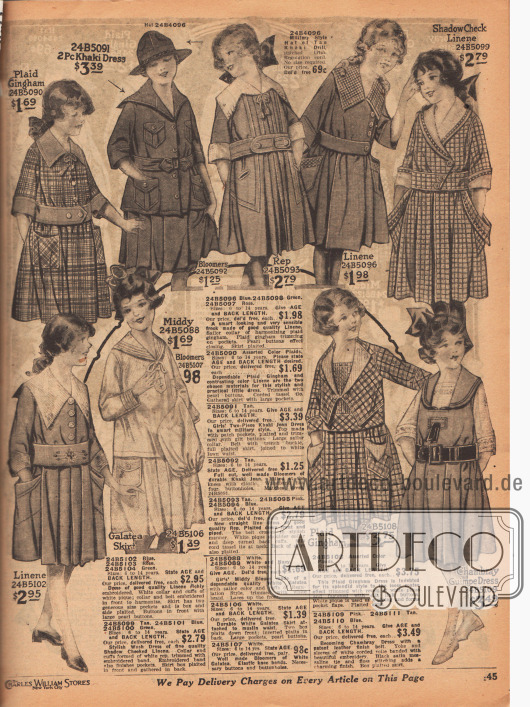 Neun weite, knielange Kleider aus kariertem Gingham, Khakigewebe, Ripsstoff, Leinen oder Chambray für 6 bis 14-jährige Mädchen.
Die Garnituren der Kleider (Ärmelaufschläge und Kragen) setzen sich zumeist vom Kleidmaterial ab. Aufgesetzte Taschen sind an fast allen Modellen zu finden. Das Modell in militärischer Aufmachung in der oberen Reihe sowie der zweiteilige Matrosenanzug bestehend aus Bluse und Rock (zweites Modell unten links) präsentieren Marinekragen und können wahlweise mit Pumphose bestellt werden.