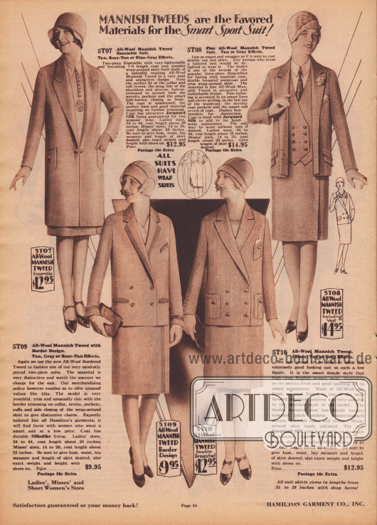 Ein zweiteiliges Sportensemble aus Woll-Tweed (oben links) sowie drei sportlich-herrenmäßige Kostüme ebenfalls aus Woll-Tweed.
Das dreiteilige Kostüm oben rechts zeigt eine doppelreihige Weste und die dazugehörige einreihige Jacke interessant gearbeitete Taschenklappen. Die Kostüme unten präsentieren beide doppelreihige Jacken. Das linke Modell ist mit Ziernähten an Kragen, Revers, Ärmeln und Taschen versehen worden. Das rechte Modell präsentiert aufgesetzte Taschen.