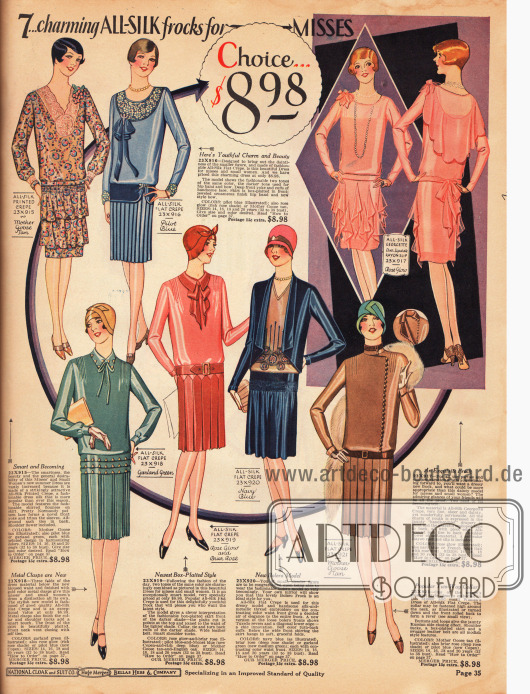 „7… bezaubernde Kleider aus reinen Seidenstoffen für das Fräulein“ (engl. „7… charming ALL-SILK frocks for MISSES“).
Die Tageskleider sowie das Abendkleid oben rechts kosten jeweils 8,98 Dollar und sind aus bedrucktem und unifarbenem Seiden Krepp sowie Seiden-Georgette und Rayon. Die Ausschnitte der ersten Kleider oben links sind mit Spitze besetzt. Die unteren Kleider zeigen eher hochgeschlossene Kragen und Bubikragen. Das Party- und Tanzkleid oben rechts präsentiert ein Rückencape, eine Kunstblüte auf der Schulter sowie „taschentuchartig“ drapierte Stoffteile am Rock.