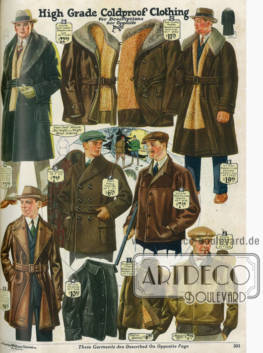 Ulstermäntel mit Opossum- und Schafspelzbesatz (A & D), zwei Lederjacken mit Pelzbesatz und Innenfutter (B & C), ein Mantel aus Handschuhleder für Autofahrten (E), eine doppelreihige Mackinaw Jacke mit Gürtel (F & G), drei Lederwesten (H, I, K) und ein Blouson mit aufgenähten Taschen.