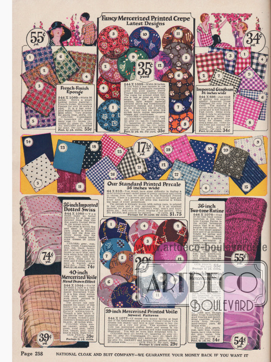 Kleiderstoffe wie Esponge (Baumwolle), Baumwollkrepp, Gingham, bedrucktes Perkal, Ratine, Voile und zusätzliche merzerisierte Stoffe.