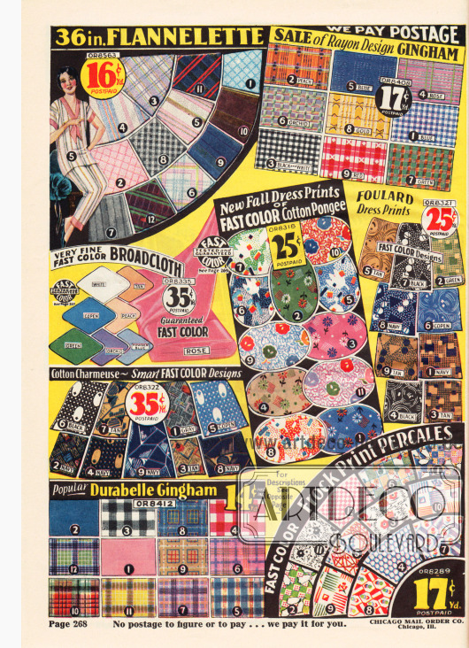 Günstige und reich bedruckte Stoffe, wie Flanell, Gingham, Breitgewebe, Baumwoll-Pongee, Foulard, Baumwoll-Charmeuse und Perkal zu einem Yard-Preis zwischen 14 bis 35 Cent.