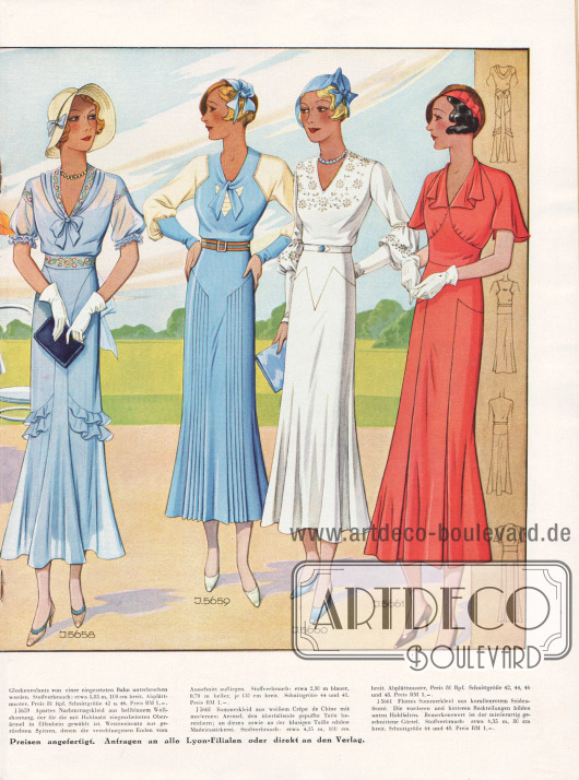 Sommerliche Damenmode für Juli 1932.
5658: Jugendliches Sommerkleid aus bleufarbenem Georgette mit bunter Perlstickerei an Ausschnitt, Ärmel und Gürtel. Apart geschnittener Rock, dessen zierliche Glockenvolants von einer eingesetzten Bahn unterbrochen werden.
5659: Apartes Nachmittagskleid aus hellblauem Wollshantung, der für die mit Hohlnaht eingearbeiteten Oberärmel in Elfenbein gewählt ist. Westeneinsatz aus gerüschten Spitzen, denen die verschlungenen Enden vom Ausschnitt aufliegen.
5660: Sommerkleid aus weißem Crêpe de Chine mit modernem Ärmel, den überfallende gepuffte Teile bereichern; an diesen sowie an der blusigen Taille schöne Madeirastickerei.
5661: Flottes Sommerkleid aus korallenrotem Seidenfrotté. Die vorderen und hinteren Rockteilungen bilden unten Hohlfalten. Bemerkenswert ist der miederartig geschnittene Gürtel.