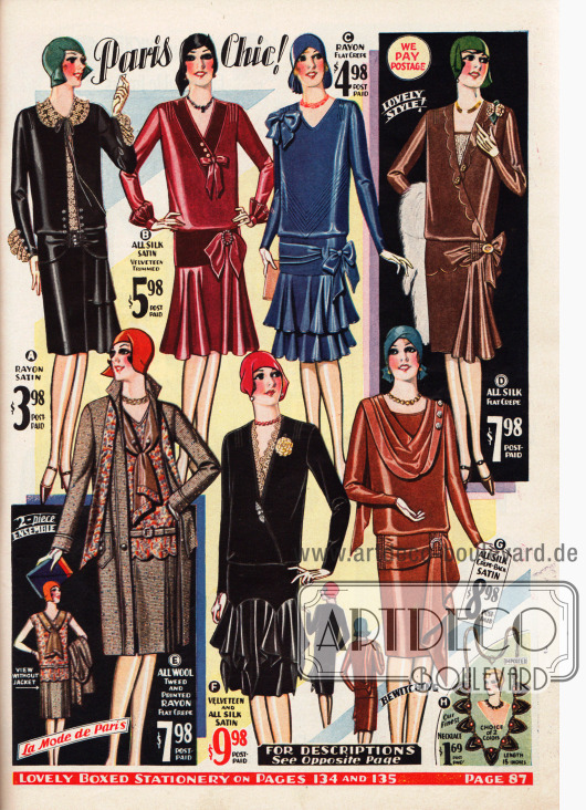 Damenkleider für Tag und Nachmittag aus Rayon-Satin, Seiden-Satin, Rayon Krepp, Seiden Krepp und Samt. Auffällig bei den Kleidern sind die häufig gezeigten Schleifen, die blusig auf den Hüften liegenden Oberteile und die glockigen Röcke, die durch Volants und Drapierungen verstärkt oder auch erst erzielt werden. Unten links befindet sich zudem ein Ensemble aus Woll-Tweed und bedrucktem Rayon Krepp.