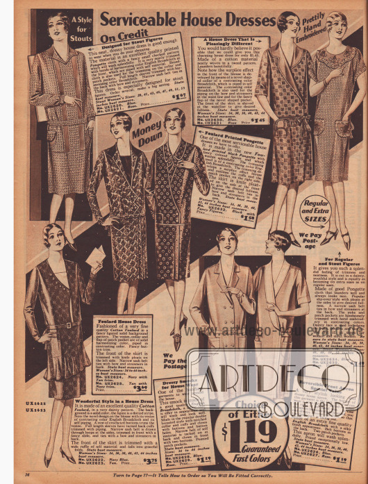 Doppelseite mit 16 Haushaltskleidern und Kitteln aus Baumwoll-Foulard, Breitgewebe, bedruckten Seidengeweben und bedruckten Baumwollgeweben. Die Preise rangieren zwischen 99 Cent und 3,75 Dollar.