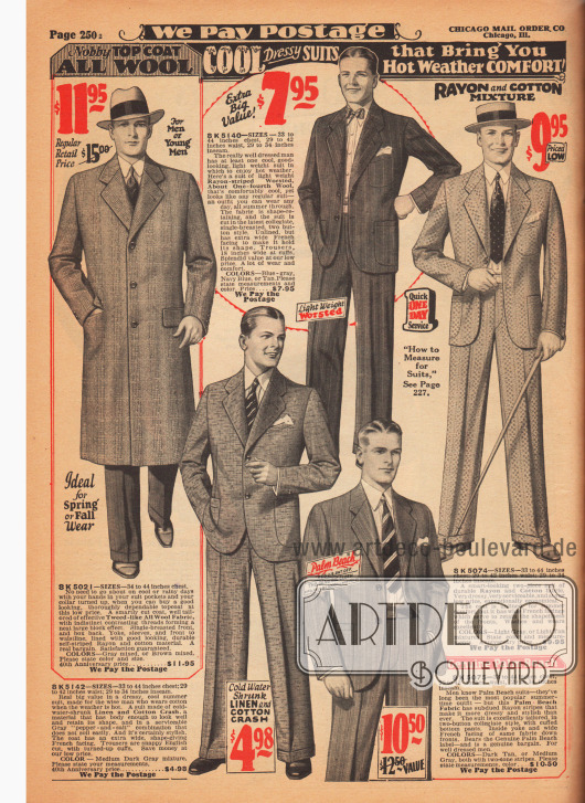 Günstige „kühle und schicke“ Sommeranzüge aus Leinen-Baumwolle, Rayon-Wolle, Rayon-Baumwolle und „Palm Beach Fabric“ (günstiger Mischstoff aus Angorawolle und Baumwolle oder Linen) sowie ein Mantel aus Wolle.