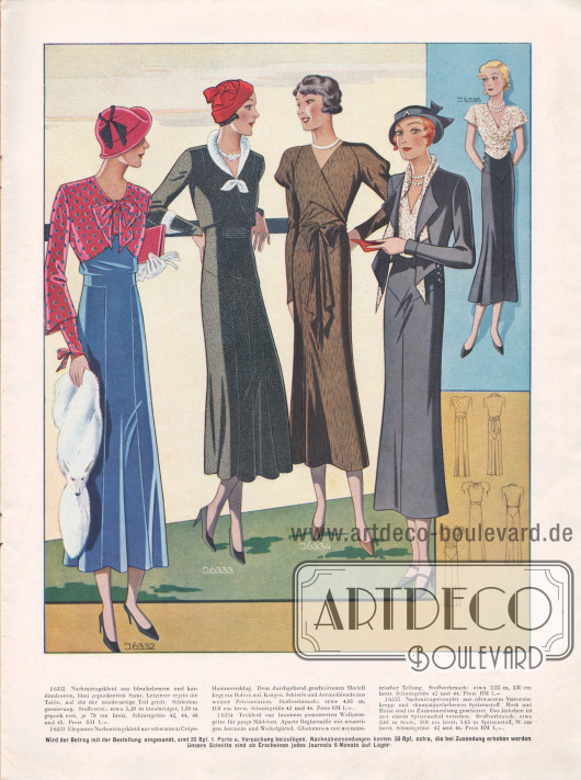 6332: Nachmittagskleid aus bleufarbenem und kardinalrotem, blau gepunktetem Samt. Letzterer ergibt die Taille, auf die der miederartige Teil greift. Schleifengarnierung.
6333: Elegantes Nachmittagskleid aus schwarzem Crêpe-Hammerschlag. Dem durchgehend geschnittenen Modell liegt ein Bolero auf. Kragen, Schleife und Ärmelblende aus weißer Pelzimitation.
6334: Teekleid aus braunem gemusterten Wollgeorgette für junge Mädchen. Aparte Raglantaille mit neuartigen Ärmeln und Wickelgürtel. Glockenrock mit asymmetrischer Teilung.
6335: Nachmittagscomplet aus schwarzem Marocain Krepp und champagnefarbenem Spitzenstoff. Rock und Bluse sind im Zusammenhang gearbeitet. Das Jäckchen ist mit einem Spitzenschal versehen.