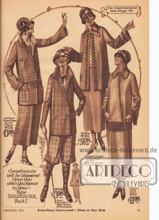 Drei Kostüme aus Woll-Kamelhaar Krepp, Woll-Kamelhaar Polostoff und Wollstoff sowie einen Hosenkostüm mit Kniebundhose aus Woll-Sport-Tweed.
Die Jacke des ersten Modells besitzt drei große Taschen und zeigt einen hochstehenden interessant verarbeiteten Kragen. Die Jacken des zweiten und dritten Kostüms werden nur oben oder unten seitlich geschlossen. Stickereien (2. Kostüm) und mehrreihige Tressen (3. Kostüm) dienen zur Verschönerung.
