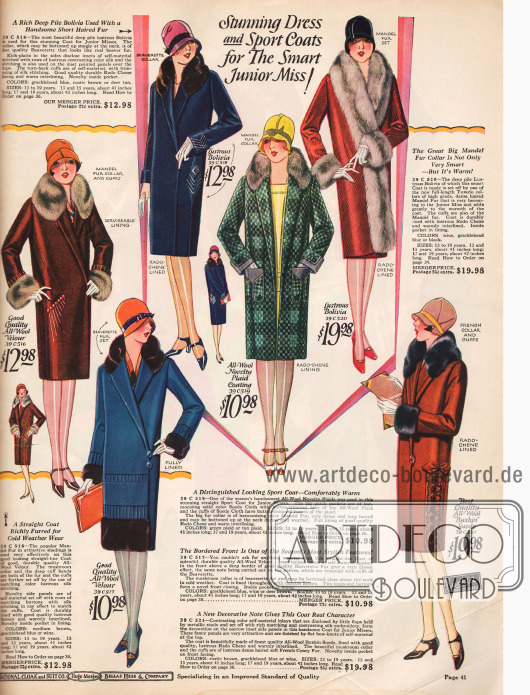 12 damenhafte Wintermäntel für junge Frauen. Die Preise rangieren zwischen 7,98 und einem Mantel aus Waschbärpelz („Raccoon Coat“) für 24,98 $.