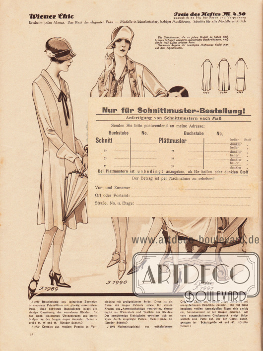 Lose beiliegende Postkarte, die sich über die Jahrzehnte am Papier festgeklebt hat:
Rückseite der Postkarte (Maße: 14,9 x 10,4 cm / 5,87 x 4,10 in) zum Bestellen per Nachnahme von Schnittmustern und Abplättmustern.