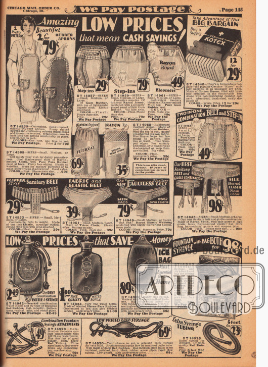Artikel zur Damenhygiene.
Seite mit Gummischürzen für den Haushalt, Gummihosen und Gummischlüpfer für Frauen, Damenbinden der Marke Kotex, Bindengürtel und ein Bindengürtel (Hygienegürtel) mit Strumpfbandhalter, Wasserflaschen und Wärmflaschen aus Gummi, Klistiere, Klistierspritzen, Klistieraufsätze, ein Wärmflaschen und Klistier-Set für das Badezimmer in einem Beutel aus Perkal, eine Spritzenpumpe sowie ein Klistierschlauch.