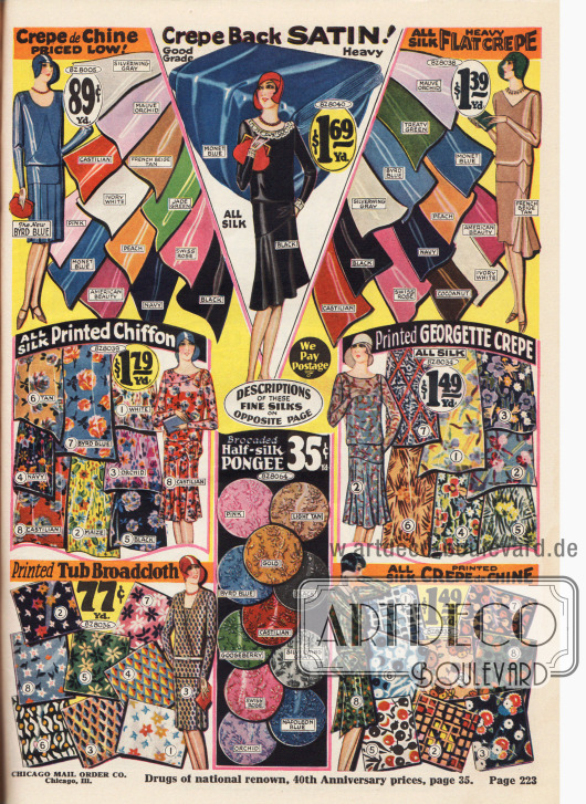 Einfarbiges Crêpe de Chine, Satin Krepp und Seiden Krepp und bedruckte Stoffe wie Seiden-Chiffon, Breitgewebe, Seide, Georgette Krepp und Seiden Crêpe de Chine.