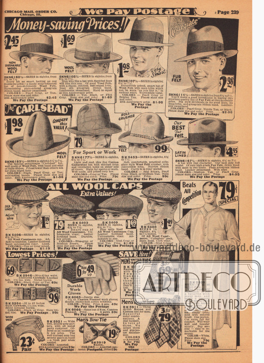 Herrenhüte (Fedoras und Homburgs) aus Woll-Filz und fellartigem Woll-Filz, zwei Hüte für Sport und Arbeit aus Baumwoll-Gabardine und Woll-Filz sowie ein Carlsbad Hut mit hohem Kopf und Falte aus Woll-Filz.
Unten befinden sich Schiebermützen (engl. „Wool Caps“) aus Woll-Kaschmir, Gürtel aus Rindsleder, Strumpfbandhalter, Arbeitshandschuhe aus „Canton“-Flanell, eine Anzugfliege, gemusterte, bunte Krawatten aus Rayon-Baumwoll-Gewebe sowie ein Nachthemd aus Musselin.
