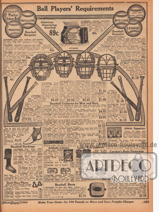 Sportartikel für die Sportart Baseball.
Offeriert werden vor allem Baseball-Bälle der American League, Baseball Masken mit Gitter, Suspensorien, Baseballschläger, Baseball Uniformen, eine passende längliche Tasche zum Transportieren der eigenen Uniform, Knöchelstützen, lange Baseballstrümpfe aus gerippter Baumwolle, Plattenaufsätze für Sportschuhe aus schwedischem Stahl, ein Handbuch für Baseball, ein Punktezähler, Schoner und Stützen für das Handgelenk aus Leder mit Gurten, Klebeband, eine Abschlagsbasis für Baseball sowie ein Brustschutz für Fänger (engl. „Catcher“).
