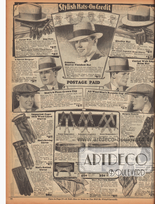 Hüte, Caps, Handschuhe, Gürtel, Hosenträger, Sockenhalter und Halstücher für Männer. Die Homburg und Fedora Hüte wurden aus Filz gefertigt und zeigen alle ein breites Ripsband mit dezenter Schleife als Zierde. Homburgs besitzen eine eingerollte und eingefasste Krempe während Fedoras (in Deutschland auch als Klapprandhüte bekannt) flach sind.