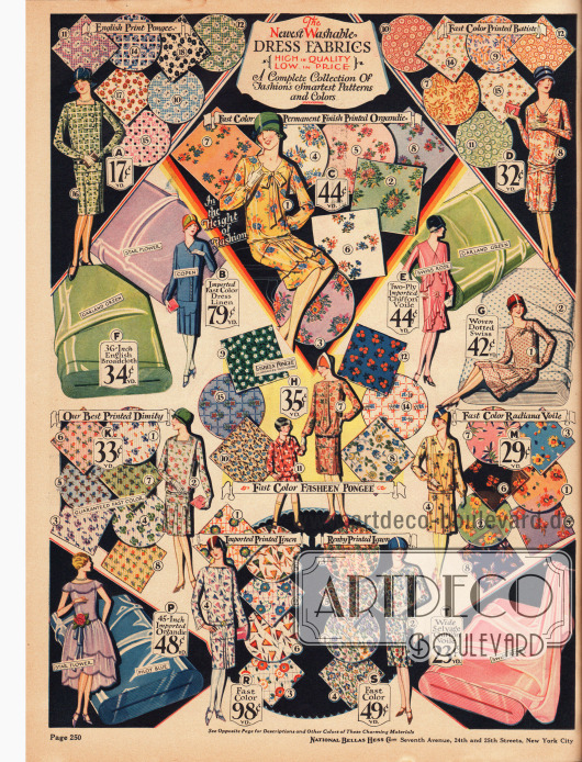 Bunt gemusterte, bedruckte Kleiderstoffe und Unistoffe wie Pongee (Seidenstoff), importiertes Leinen, Organdy, Batist, Chiffon-Schleierstoff, englisches Breitgewebe, Swiss-Stoff (G), Barchent (Mischgewebe aus Baumwolle und Leinen), „Radiana Cotton Voile“ (M) (Baumwoll-Schleierstoff), „Renby Printed Lawn“ (S) (Ägyptische Baumwolle) und Chiffon-Schleierstoff.