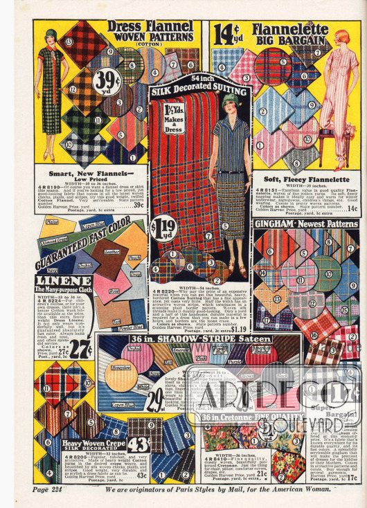 Flanellstoffe mit eingewebten Musterungen. Leinen, Gingham, Cretonne und Seidenstoffe.