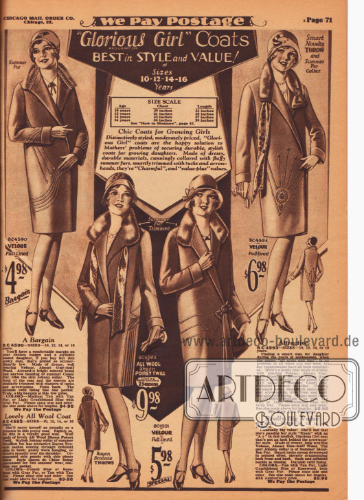 Frühjahrsmäntel der Chicago Mail Order Marke „Glorious Girl“ für junge Mädchen im Alter von 10 bis 16 Jahren.
Die Mäntel sind aus Poiret-Wolle und hauptsächlich aus Velours. Die Kragen aller Modelle sind entweder mit dem Sommerpelz des Mufflons (Wildziege) oder des Kaninchens verbrämt. Geometrisch angeordnete Biesen ergeben ornamentale schicke Muster.