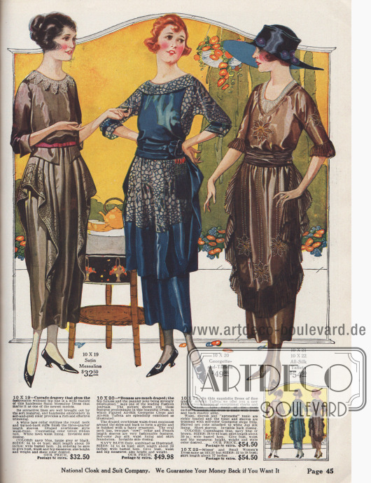 Doppelseite mit exklusiven Damenkleidern aus Seiden-Georgette, gemustertem Kreppstoff, Seiden-Taft, Satin-Messaline und Georgette-Taft. Die Kleider zeigen Plissé-Volants (1. Modell), Kaskadendrapierungen (4. Modell) und schürzenartige Tuniken (Modelle 5 und 6). Stickereien finden sich an vielen Modellen z.B. an der Taille (Modelle 1 und 3), an Kaskaden (4. Modell). Das 6. Kleid ist mit Perlen bestickt. Die Kleider kosten zwischen 21,50$ und 58,75.