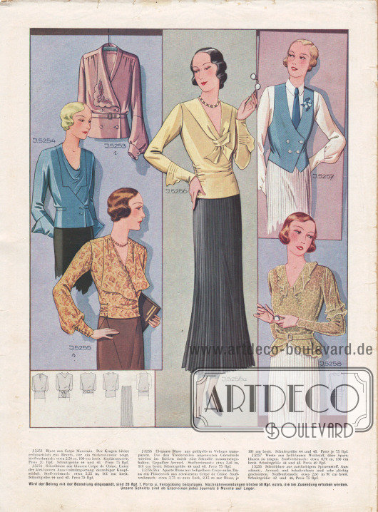 Schicke Damenblusen aus Crêpe Marocain, Crêpe de Chine, Velours, Crêpe-Satin und Spitzenstoff. Die Blusen zeigen gepuffte Ärmel, elegant fallende Reverskragen und auch Knopfverschlüsse. Mittig eine Kombination aus Bluse und Plissérock. Oben rechts wird eine Weste aus hellblauem Wollstoff präsentiert, die über Sportblusen getragen werden kann.