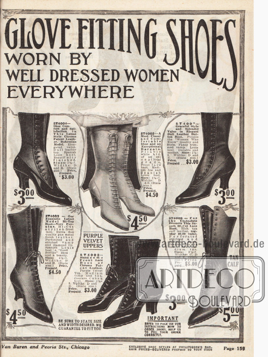 „Philipsborn's Glove Fitting Shoes“ (dt. „Philipsborns Schuhe wie angegossen“).
Schnürstiefeletten für Damen mit spitzen Kappen, geschwungenen Louis XIV Absätzen, mit Frontschnürung oder seitlichen Knopfverschlüssen aus Lack-, Chevreau- und Kalbsledern. Oft werden die Oberleder kontrastreich mit matten und glänzenden Ledern verarbeitet.
