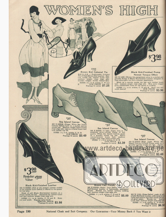 Doppelseite mit Pumps und Oxfords für die modebewusste Dame. Charakteristisch für die Damenschuhe der ausgehenden 10er und frühen 20er Jahre sind sehr spitze Kappen und relativ niedrige Militär- und geschwungene Louis XV Absätze. Kleine Schleifen und Schnallen sind modische Accessoires.