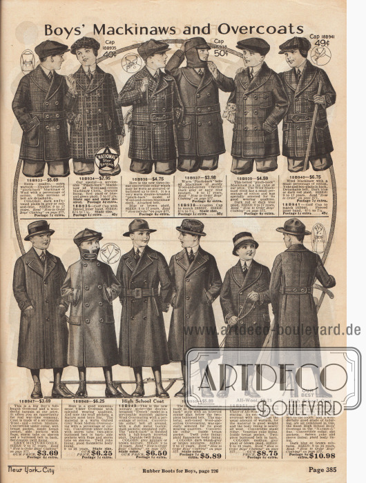 Doppelreihige Mackinaw Jacken (engl. „Mackinaw Coats“), Mäntel und Trench Coats und Ulsters für Jungen im Alter von 9 bis 18 Jahren.
Die Mackinaw Jacken bestehen aus reiner Wolle oder Wolle mit einem geringen Prozentsatz an Baumwolle. Einzelne Jacken können auch mit einer passenden Mütze bestellt werden. Die Mäntel im unteren Seitenbereich bestehen ebenfalls aus Woll-Baumwoll-Mischstoffen, reinen Wollstoffen sowie „Melton cloth“ (dicker Wollstoff).