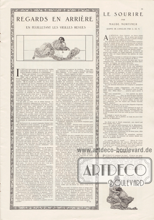 Artikel:
B., G., Regards en arrière. En feuilletant les vieilles revues;
Mortimer, Maude, Le sourire (par Maude Mortimer, adapté de l’anglais par G. de M.).
Illustration/Zeichnung: Franklin Booth (1874-1948).