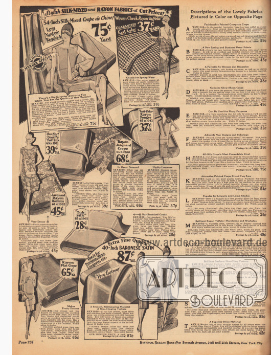 Stoffe zum Nähen, wie Seiden Crêpe de Chine, kariertem Rayon-Taft, Seide und merzerisiertem Baumwollgewebe, Rayon-Jacquard Krepp, Rayon-Seide, Rayon und merzerisierte Baumwolle, Rayon Krepp und Satin.
Rechts befinden sich die Beschreibungen für die Stoffe auf der folgenden Seite 259.