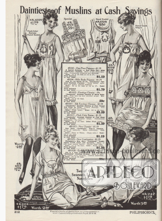 „Anmutigste Musselinstoffe zu Barersparnissen“ (engl. „Daintiest of Muslins at Cash Savings“).
Knielange, einteilige Unterhemden und eine einteilige Kombination aus Damenuntertaille (engl. „corset cover“) und Schlupfhöschen der US-Marke Everdainty. Die Damenunterwäsche ist aus weißem oder fleischfarbenem Batist, Nainsook (leichter Baumwollmusselin) oder Seiden-Crêpe de Chine. Die Unterhemdchen sind mit leichten Stickereien, Schleifen oder Hohlnähten versehen. Spitze oder Netzgewebe beranden die Säume. Unterhalb der Brust zeigen sich bei den Modellen rundum oder teilweise Reihenziehungen.
Unten befinden sich zwei zweiteilige Pyjamas aus Nainsook. Das linke Modell ist ein Billie Burke Pyjama – US-Filmstar (1884-1970).