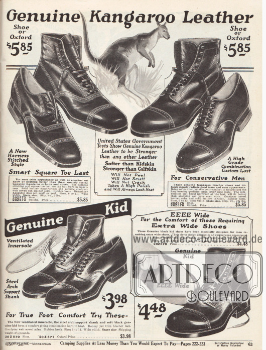 Halbschuhe und Stiefeletten aus echtem, importiertem australischen Känguruleder oben und Kalbs- und Rindsleder unten für qualitätsbewusste Männer.
Unter den hier präsentierten Herrenschuhen sind Oxford Modelle und Derbys. Diese zeigen Verarbeitungs- und Ziernähte sowie Lochlinienverzierungen (Perforationen) über der Querkappe. Die Schuhe sind Rahmenvernäht (engl. „Goodyear welted“).