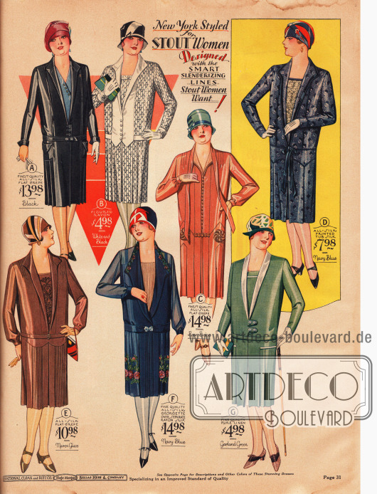Aparte Tageskleider für die Dame mit einer stärkeren Figur. Die Kleider sind aus Seiden Krepp, Rayon, Seiden-Georgette und Rayon, Leinen sowie bedrucktem Seidenstoff. Einzelne Modelle sind dezent bestickt, wie (C), (E) und (F). Auch Westeneinsätze sind 1928 sehr beliebt, hier zu sehen bei den Modellen (A), (D), (E), (F) und (G).