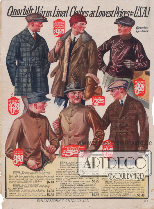 Jacken für Männer. Die 1. Jacke von oben und die 3. Jacke von oben sind sog. „mackinaw coats“, kurze, doppelreihige Jacken mit breitem Kragen, großen Taschen und Gürtel aus Wollmischstoffen.
Die anderen Jacken sind vor allem für die Arbeit gedacht. Sie sind aus „Moleskin“ (auch „Englischleder“, schwerer Baumwollstoff) gearbeitet.