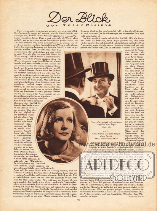 Artikel:
Mielenz, Peter, Der Blick.
Mit zwei Fotografien von Hans Albers (1891-1960) und Greta Garbo (1905-1990).
Fotos: Ufa und Metro-Goldwyn-Mayer