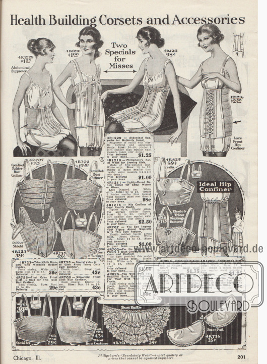 „Gesundheitsfördernde Korsetts und Accessoires“ (engl. „Health Building Corsets and Accessories“).
Bauchformer („Abdominal Supporter“), Korsetts und Hüftformer bzw. Hüfthalter aus Coutil oder Batist sowie eine korsettartige Untertaille aus dickem Jeansgewebe für junge, heranwachsende Frauen (oben), Bustiers, Büstenhalter und Brustformer aus Trikotstoff, merzerisiertem Trikot oder elastischen Gummibändern mit Frontöffnung und Trägern (untere Mitte) sowie Brustrüschen („Bust Ruffle“) aus Batist bzw. Linon und ein Brustpolster aus Batist bzw. Ramie und Spitze (unten).