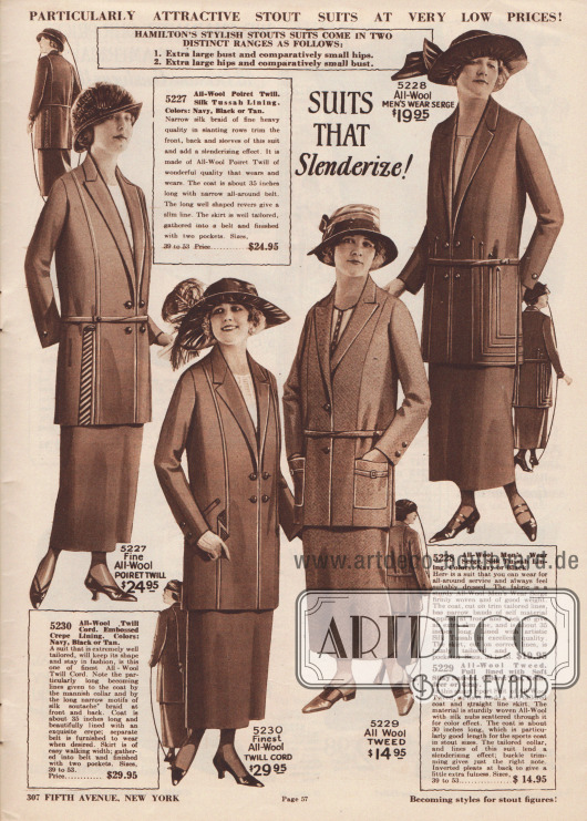 „Kostüme die verschlanken!“ (engl. „Suits That Slenderize!“).
Kostüme aus Poiret Wolle, Woll-Kord, Woll-Tweed oder Woll-Serge für die stärker gebaute Dame.
Die ersten beiden doppelreihigen Kostümjacken präsentieren vertikal aufgenähte Stoffbändchen und Soutache-Stickerei sowie tiefgehende Revers, die einen optischen Verschlankungseffekt erzielen sollen. Danach folgen ein einreihiges Sportkostüm mit aufgesetzten Taschen sowie ein Kostüm, das ebenso wie die ersten Modelle aufgesetzte Stoffbänder aus Eigenmaterial an den Seiten der Kostümjacke zeigt.
