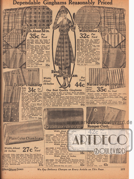 „Zuverlässige Gingham-Gewebe zum angemessenen Preis“ (engl. „Dependable Ginghams Reasonably Priced“).
Grob- und fein karierte, gestreifte, gemusterte und unifarbene Nähstoffe wie Chambray-Gingham, Zephyr Chambray, Henrietta Satin und „Romper Cloth“ (besonders geeignet für Spielanzüge, engl. „Romper“).
Die Preise liegen zwischen 27 und 44 Cent pro Yard (91,44 cm). Die Breite der Stoffe beträgt zwischen 26 und 32 Inch (66,04 und 81,28 cm).