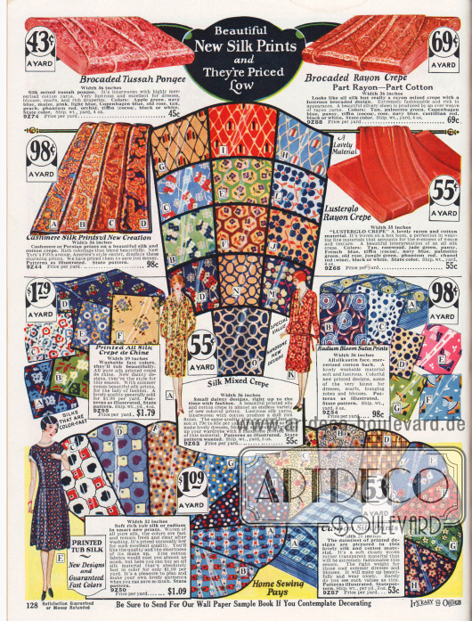 Feine, bunt bedruckte Seidenstoffe für Tages-, Nachmittags- oder Sommerkleider.
Die hier gezeigten Stoffe sind Tussah Pongee, Rayon Krepp, Seiden-Baumwoll-Krepp mit Kaschmir- und persischen Drucken, Seiden Crêpe de Chine, schimmerndes Rayon Krepp, merzerisierte Baumwolle mit Seiden-Satin Oberfläche, Seiden Krepp, Rohseide und Kanton Seide.
Die Stoffpreise liegen zwischen 43 Cent und 1,79 Dollar pro Yard (91,44 cm), wobei die Stoffbreite der Meterware zwischen 32 und 39 Inch beträgt (81,3 und 99,1 cm).