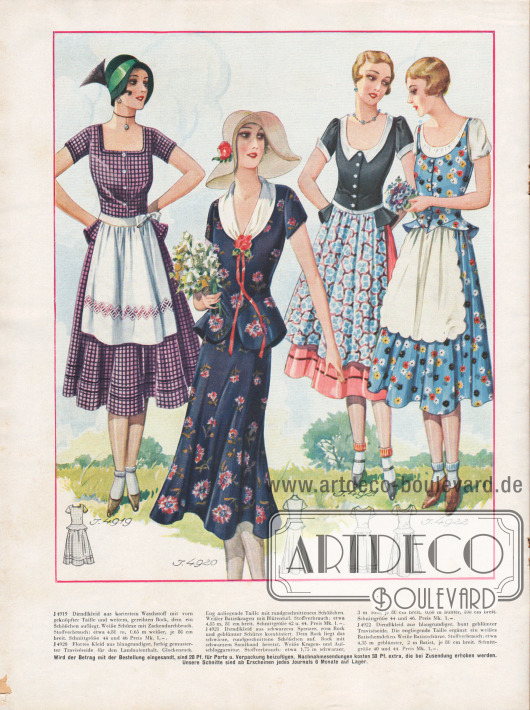 Auch Trachtenmode ist 1930 beliebt.
Die Dirndlkleider im Hintergrund sind aus kariertem Waschstoff, schwarzem und rosa Spenzer und blau-bunt geblümter Traviséseide. Die Dirndlkleider bestehen aus geknöpften Taillen mit Schößchen (abstehender Hüftvolant) und Schürzen.
Das Kleid im Vordergrund besteht aus blauer, farbig gemusterter Traviséseide und ist mit einem weißen Batistkragen versehen. Ein Blütentuff bildet den Kragenabschluss.