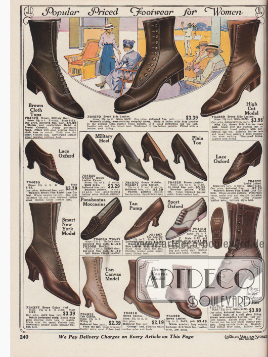 „Beliebte preisgünstige Schuhe für Frauen“ (engl. „Popular Priced Footwear for Women“).
Kurze Schnürstiefeletten mit überwiegend niedrigen, breiten Absätzen für den ganztägigen Gebrauch und für besten Tragekomfort aus Cabretta (südamerikanisches Haarschaffell), braunem Kanevas sowie nicht näher beschriebenen Lederarten. Des Weiteren finden sich Pumps in schlichten Stilen aus Ziegenleder, ein „Pocahontas“ Mokassin sowie ein zweifarbiger Sportschuh (hier „Sport Oxford“) aus weißem Kanevas und braunem Leder.
Die Pumps zeigen geschwungene Louis XIV Absätze und spitze Kappen. Zurückhaltende Nähte und Lochnahtverzierungen.