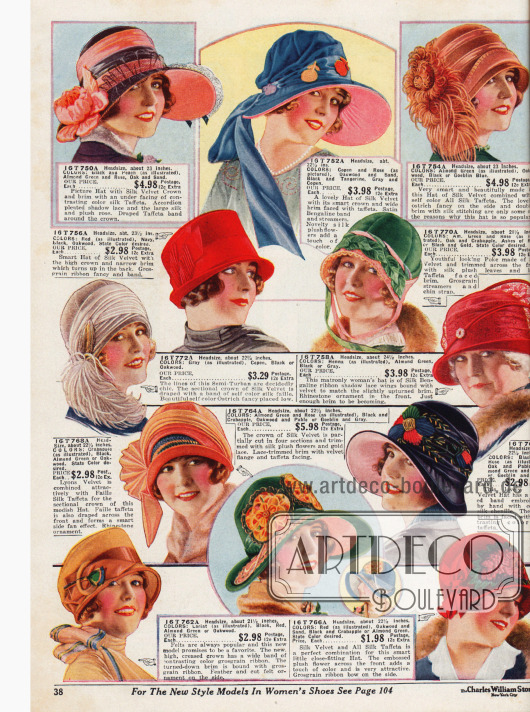 Modische Damenhüte für den Winter aus Seiden-Samt, Seiden-Taft und Samt.
Die Formen der Hüte reichen von einfachen Glocken ohne Krempe, über Zylinder (rotes Model links, Mitte) und Turbanen (graues Model links außen, Mitte) bis hin zu breitkrempigen Hüten oder auch Hüten im Schuten-Stil (grünes Model rechts, Mitte).
Großzügige Straußenfedern, Blüten aus Chenille oder Plüsch, Ripsbänder sowie Spitzenstoff dienen als Aufputz.