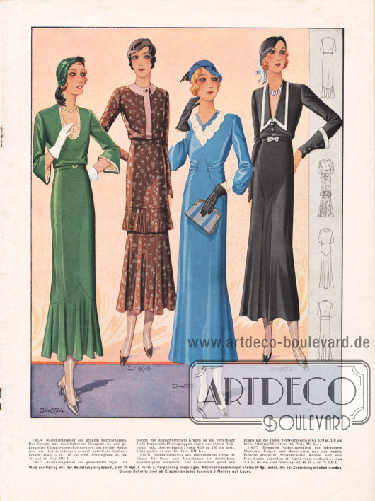 4874: Nachmittagskleid aus grünem Marocainkrepp. Die Einsätze aus modefarbenem Georgette sind mit gekräuselter Valenciennesspitze garniert.
4875: Nachmittagskleid aus gemusterter Seide. Die Blende mit angeschnittenem Kragen ist aus einfarbiger Seide hergestellt. Plisseegruppen engen den oberen Rockvolant ein.
4876: Nachmittagskleid aus mittelblauem Crêpe de Chine. Für Passe und Manschetten ist écrufarbene Spachtelspitze verwendet.
4877: Elegantes Nachmittagskleid aus schwarzem Marocain. Kragen und Manschetten sind mit weißen Blenden abgesetzt. Schwarz-weiße Knöpfe und eine Perlschnalle außerdem als Garnierung.