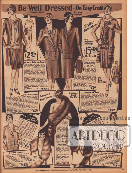 „Seien Sie gut angezogen – auf Kredit“. Seite mit zwei Ensembles aus Woll-Georgette und Woll-Tweed deren Blusen aus Seiden Krepp bestehen, zwei Schneiderkostüme aus Woll-Tweed und Woll-Kord, zwei einzelne Blusen aus Breitgewebe und drei Schals aus mandschurischem Wolf und Fuchspelz.