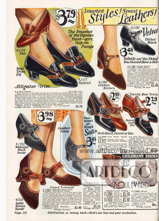 Kleidsame Schuhe für die modebewusste Frau und für junge Mädchen. Auch Abendschuhe aus Brokatstoff in Silber oder Goldschimmer finden sich oben in der Mitte.