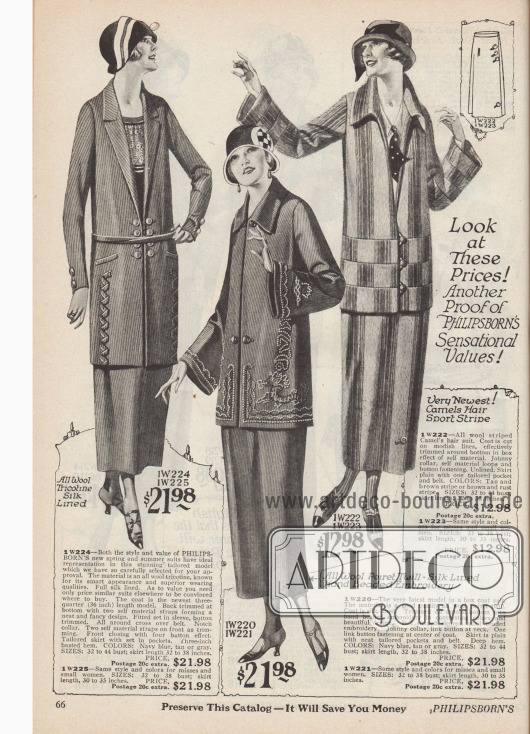 Doppelseite mit Kostümen für die mondäne Dame aus Woll-Trikotine, Woll-Poiret, Kamelhaar, Woll-Sport-Polo, Serge und kariertem Woll-Polo.
Fast alle Modelle werden mit großen Knöpfen und nicht mit Gürteln geschlossen. Die Modelle erhalten ihren eigenen Charakter durch Borten (1. Kostüm), Stickereien (2. und 5. Kostüm), unterschiedlich angesetzten Stoffstreifen (3. Kostüm) oder dem Kontrast zwischen einfarbigem und kariertem Stoff (4. Modell).