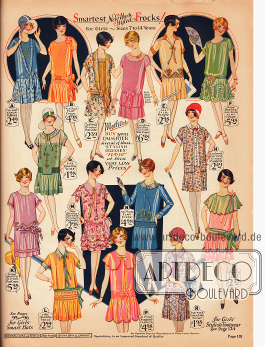 Feine Sommerkleider für 7 bis 14-jährige Mädchen aus Rayon-Taft, Seiden Krepp, bedrucktem Batist, Seidengewebe, Schleierstoff, bedrucktem Organdy, schimmerndem Taft sowie bedrucktem, leinenartigen Baumwollstoff.
Viele der Kleider sind ärmellos und zeigen kleine Rüschen, Volants und Schleifchen.