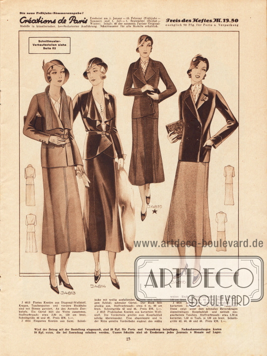 4813: Kostüm aus Diagonal-Wollstoff. Kragen, Taschenpatten und die vordere Rockbahn sind mit Biesen garniert.
4814: Elegantes Kostüm aus Samt. Schoßjacke mit wellig ausfallenden Revers und schrägem Schluss sowie schmalem Gürtel.
4815: Praktisches Kostüm aus kariertem Wollstoff. Die Vorderteile greifen zum Knopfschluss schräg übereinander. Eine abgesteppte und in der Mitte geteilte Vorderbahn ergänzt den mäßig weiten Rock.
4816: Jugendliches Kostüm bestehend aus einem kariertem Jerseyrock und einer braunen Tuchjacke.