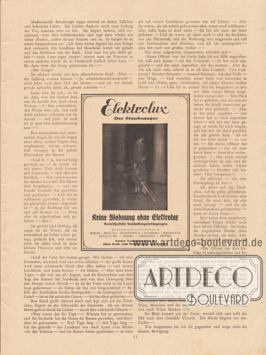 Artikel (Novelle):
Rosner, Karl (1873-1951), Das Gespenst der Liebe.
Werbung:
„Keine Wohnung ohne Elektrolux“, Elektrolux – Der Staubsauger.