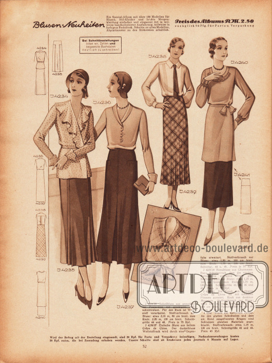 4234/35: Schoßbluse aus gepunkteter Foulardine mit glockigem Ausschnittvolant. Für den Rock ist Wollstoff verarbeitet.
4236/37: Einfache Bluse aus hellem Crêpe de Chine. Der dunkelblaue Wollstoffrock wird durch eine Gegenfalte erweitert.
4238/39: Hemdbluse aus Charmeuse. Dazu Schottenrock, dem die vordere Faltenpartie genügend Weite gibt.
4240/41: Die Kasak aus farbigem Crêpe de Chine ist mit schmalen Plissees garniert. Rock aus dunklem Marocain.
4242: Weste aus kariertem Jersey. An den glatten Schoßteilen und dem am Rand ausgefransten Kragen sind Schluppen gleichen Materials angebracht.